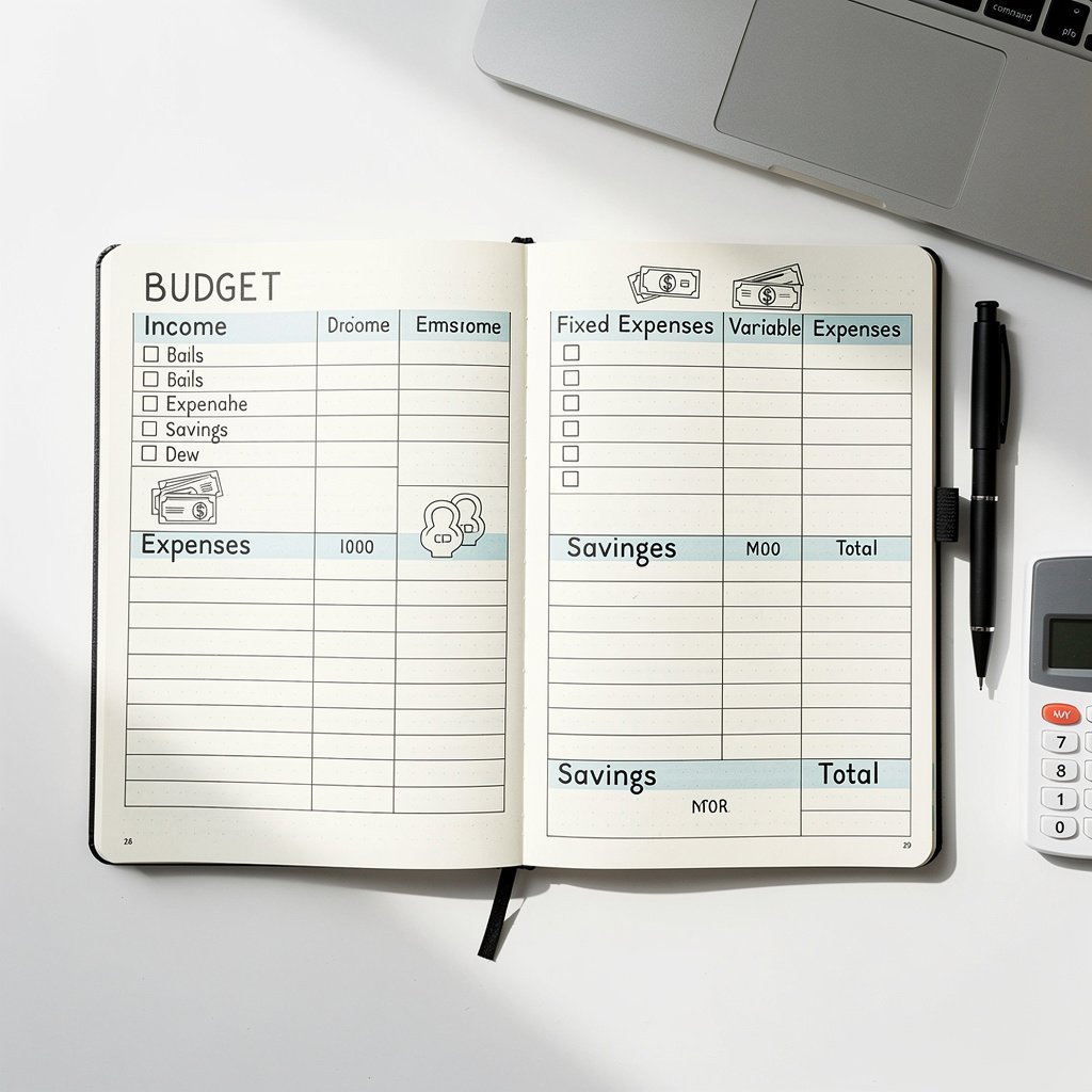 Monthly budget overview spread with categories