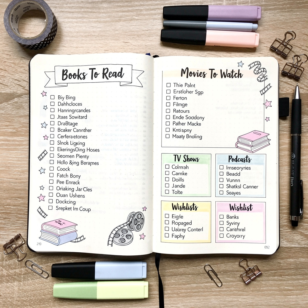 Bullet journal collections page with themed lists