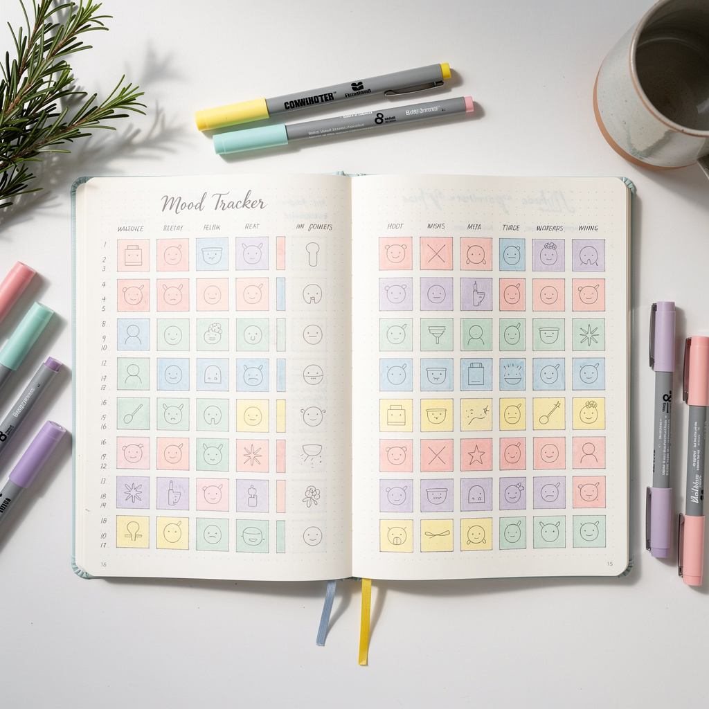 Bullet journal mood tracker with color-coded emotions
